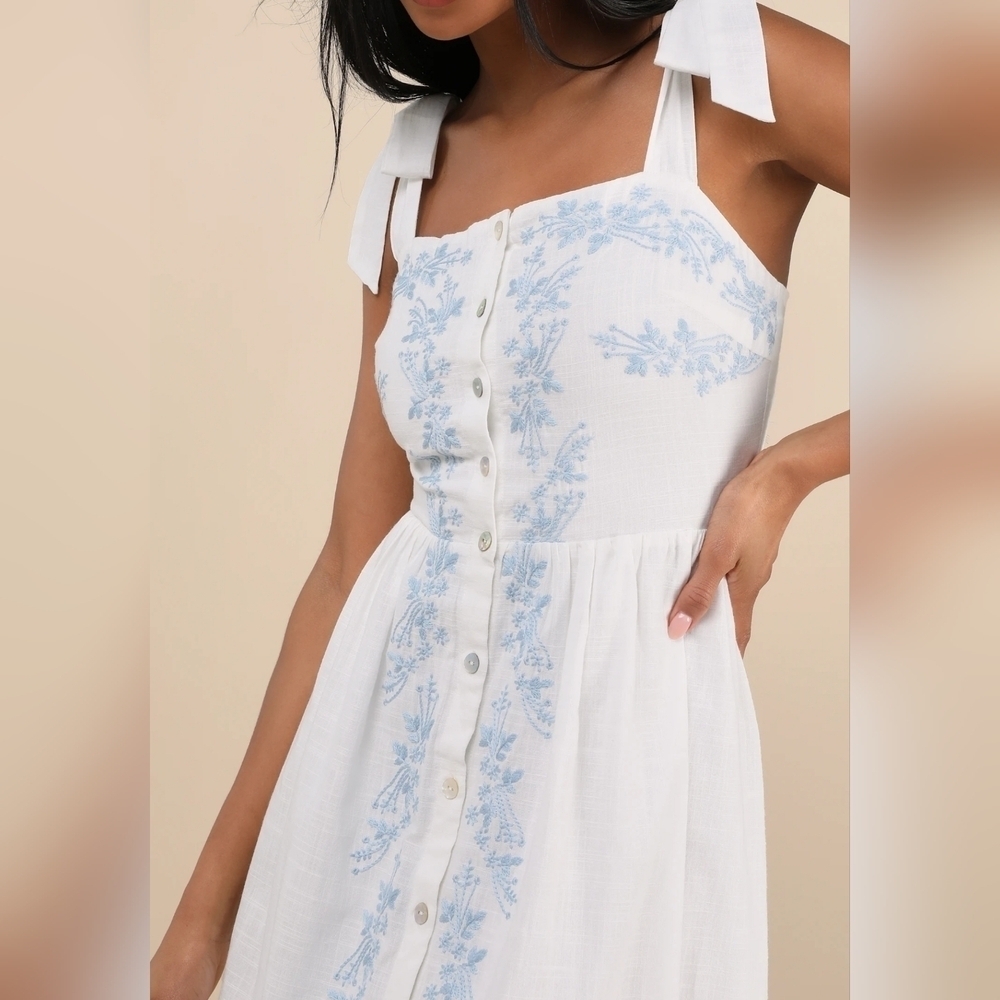 Lulus Corinthia White Embroidered Button-Front Midi Dress, Size Small